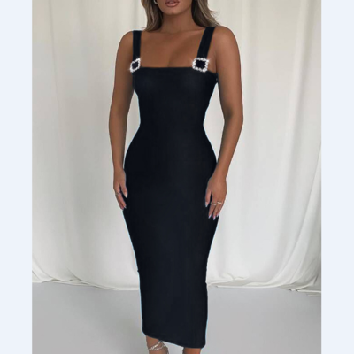 V-Neck Diamond Buckle Tight Sleeveless Dress