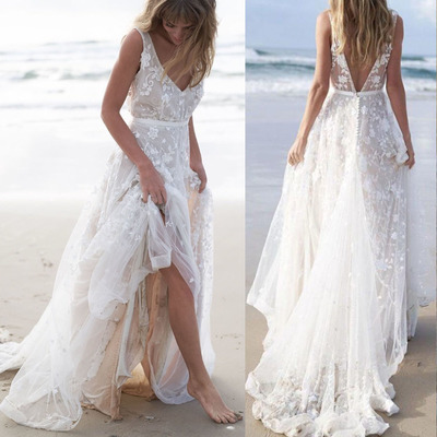 V neck v back wedding dresses bridal gown beach - Thumbnail 4