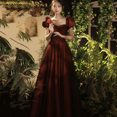 Burgundy tulle long prom dress a-line evening dress
