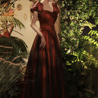 Burgundy tulle long prom dress A-line evening dress - Thumbnail 1