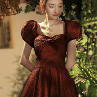 Burgundy tulle long prom dress A-line evening dress - Thumbnail 2