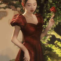 Burgundy tulle long prom dress A-line evening dress - Thumbnail 3