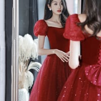 Burgundy velvet tulle short prom dress homecoming dress - Thumbnail 3