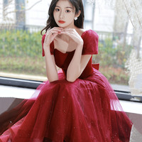 Burgundy velvet tulle short prom dress homecoming dress - Thumbnail 4