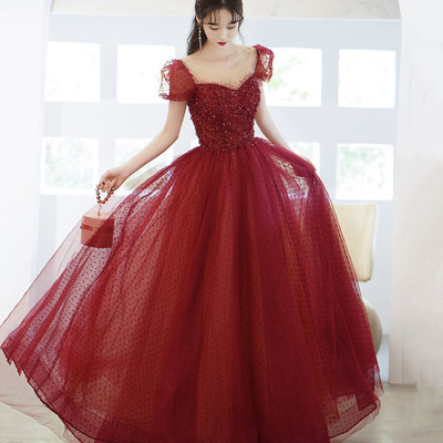 Burgundy tulle sequins long prom dress evening dress - Thumbnail 1