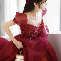 Burgundy tulle sequins long prom dress evening dress - Thumbnail 2