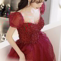 Burgundy tulle sequins long prom dress evening dress - Thumbnail 3