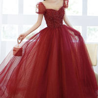 Burgundy tulle sequins long prom dress evening dress - Thumbnail 5