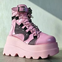 Sexy Cool Chic Women Black Pink Lace Wedge Plantform Boots - Thumbnail 5