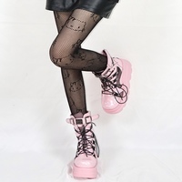 Sexy Cool Chic Women Black Pink Lace Wedge Plantform Boots - Thumbnail 1