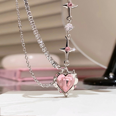 Sweet Cool Girl Pink Diamond Love Star Chain Silver Plated Necklace