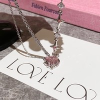 Sweet Cool Girl Pink Diamond Love Star Chain Silver Plated Necklace - Thumbnail 3