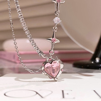 Sweet Cool Girl Pink Diamond Love Star Chain Silver Plated Necklace - Thumbnail 1