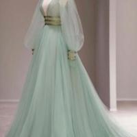 Mermaid Green v neck tulle evening dress with sequin - Thumbnail 1