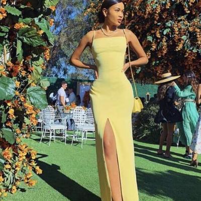 New a line yellow prom dresses evening dress with split - Thumbnail 3