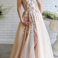 Elegant A Line One Shoulder Split Champagne Prom Dresses with Flowers - Thumbnail 1
