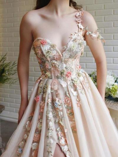 Elegant A Line One Shoulder Split Champagne Prom Dresses with Flowers