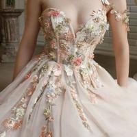 Elegant A Line One Shoulder Split Champagne Prom Dresses with Flowers - Thumbnail 2