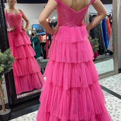 Shiny hot pink off shoulder layered tulle long prom dresses - Thumbnail 3