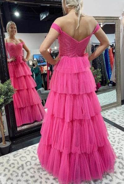 Shiny Hot Pink Off Shoulder Layered Tulle Long Prom Dresses