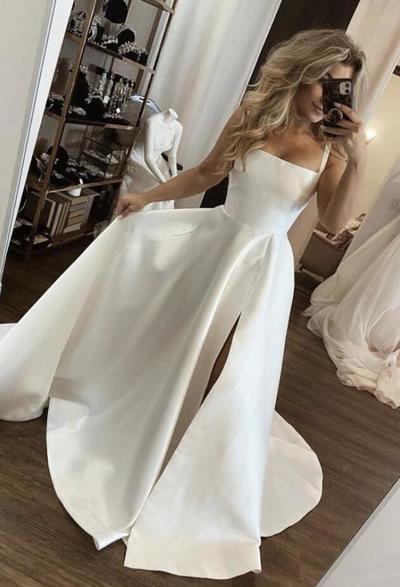 Simple White mermaid satin long prom dress 