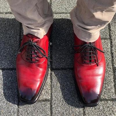 Men's formal red leather twotone handmade lace up unique shoes - Thumbnail 2