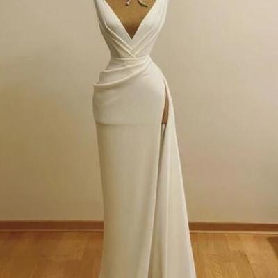 A line v neck slit side long prom dresses - Thumbnail 3