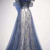 Off Shoulder A Line Stunning Blue Tulle Long Prom Dress - Thumbnail 1