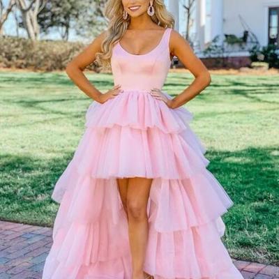 A line pink high low tulle long prom dresses 