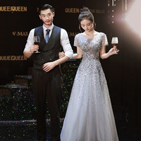 Gray tulle beads long prom dress A-line evening dress - Thumbnail 4