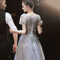 Gray tulle beads long prom dress A-line evening dress - Thumbnail 5