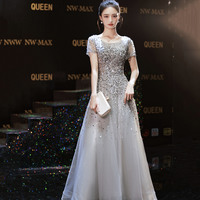 Gray tulle beads long prom dress A-line evening dress - Thumbnail 6