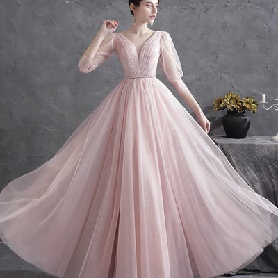 Pink tulle v-neck long prom dress a-line evening dress - Thumbnail 2