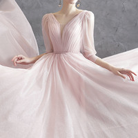 Pink tulle V-neck long prom dress A-line evening dress - Thumbnail 2