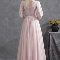 Pink tulle V-neck long prom dress A-line evening dress - Thumbnail 4