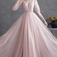 Pink tulle V-neck long prom dress A-line evening dress - Thumbnail 6
