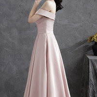 Pink satin short prom dress off shoulder evening dress - Thumbnail 1