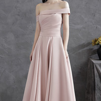 Pink satin short prom dress off shoulder evening dress - Thumbnail 2