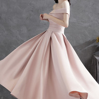 Pink satin short prom dress off shoulder evening dress - Thumbnail 3