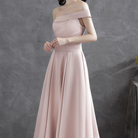 Pink satin short prom dress off shoulder evening dress - Thumbnail 5