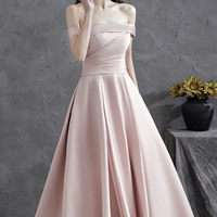Pink satin short prom dress off shoulder evening dress - Thumbnail 6