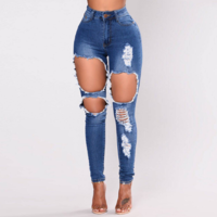 Women's High Waist Stretch Ripped Denim Trousers - Thumbnail 1