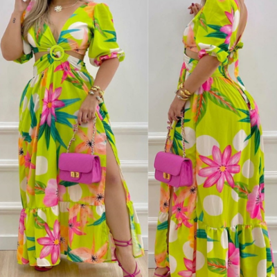 Temperament printed long sleeve v-neck backless dress