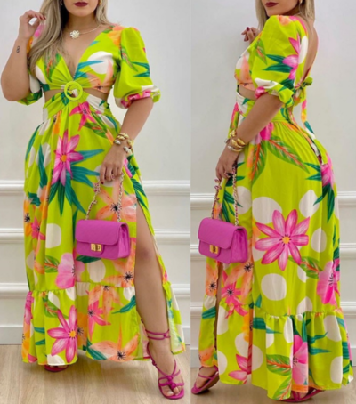 Temperament Printed Long Sleeve V-Neck Backless Dress