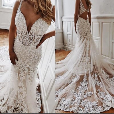 V Neck Mermaid Wedding Dresses Bridal Gown with Lace Appliques