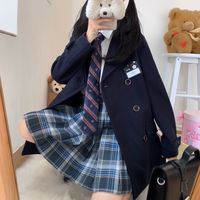 Japanese Student Style Women Autumn Winter Warm Black Navy Blue Thick Velvet Wool Long Suit Coat - Thumbnail 6