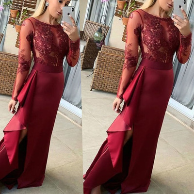 Burgundy prom dresses slit side with appliques lace - Thumbnail 3