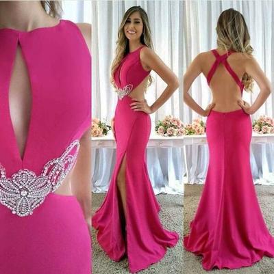 A Line Backless Split Long Prom Dress With Beading