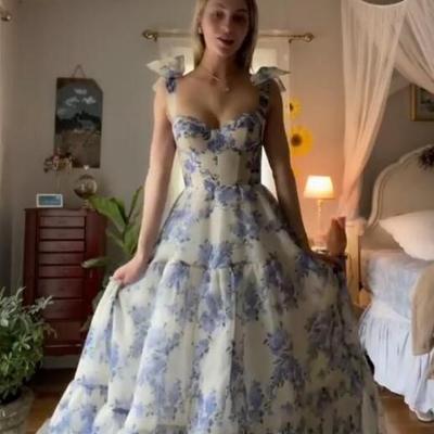 Charming floral print chiffon prom dresses with straps - Thumbnail 4