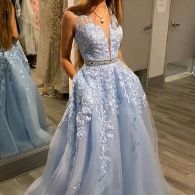 A line blue lace prom dresses